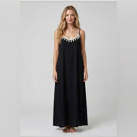 By Design Dresses & Skirts - Boho Shell-Trimmed Maxi Slip Dress in Raven Black